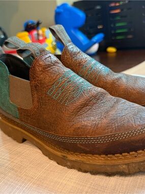 Georgia Boot Brown Leather Slip-On Ankle Boots with Teal Stitching